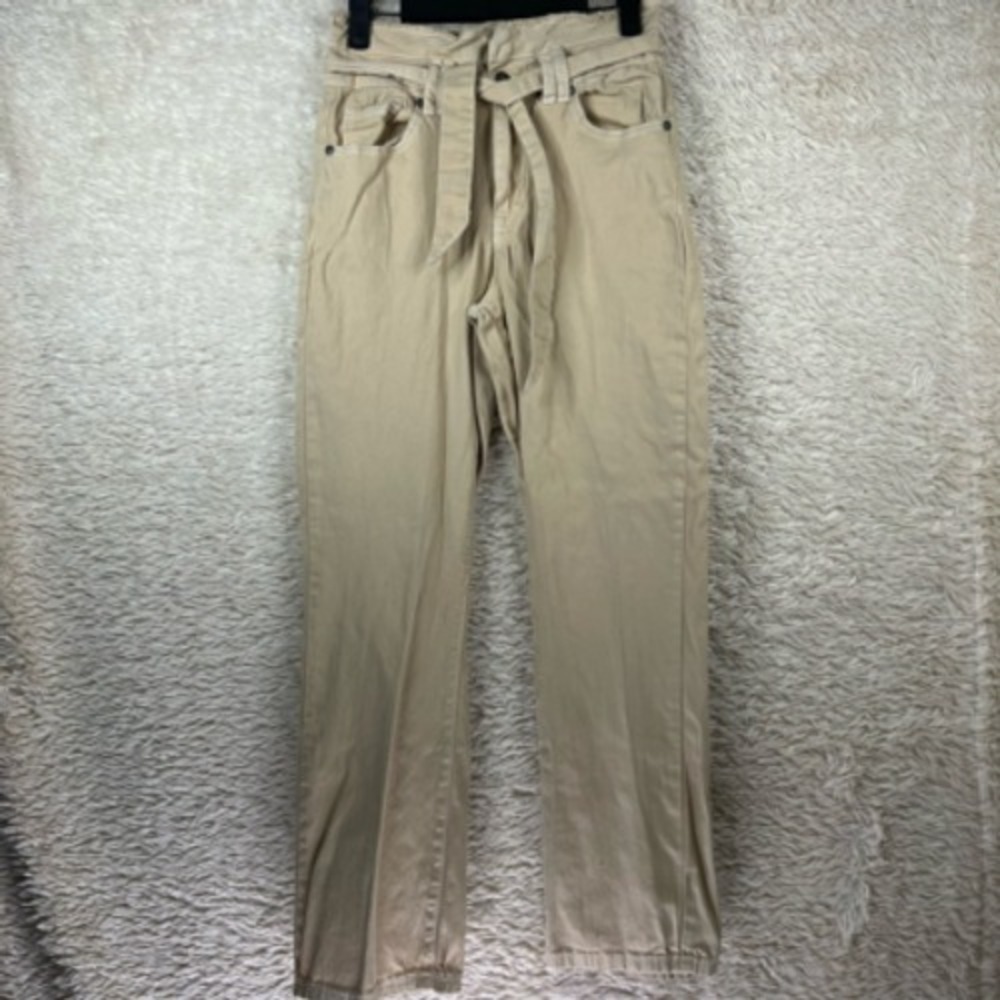 Forever 21 Cropped Straight Leg Jeans Womens 26 Beige Pockets Belted Tan Denim